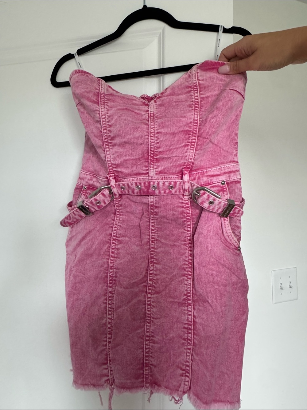 Retrofete Strapless Pink Denim Mini Dress with Belt Detail